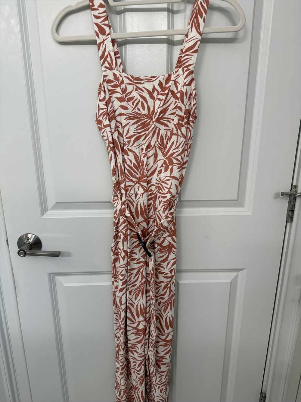 Sleeveless Cream Jumpsuit with Rust Leaf Print
